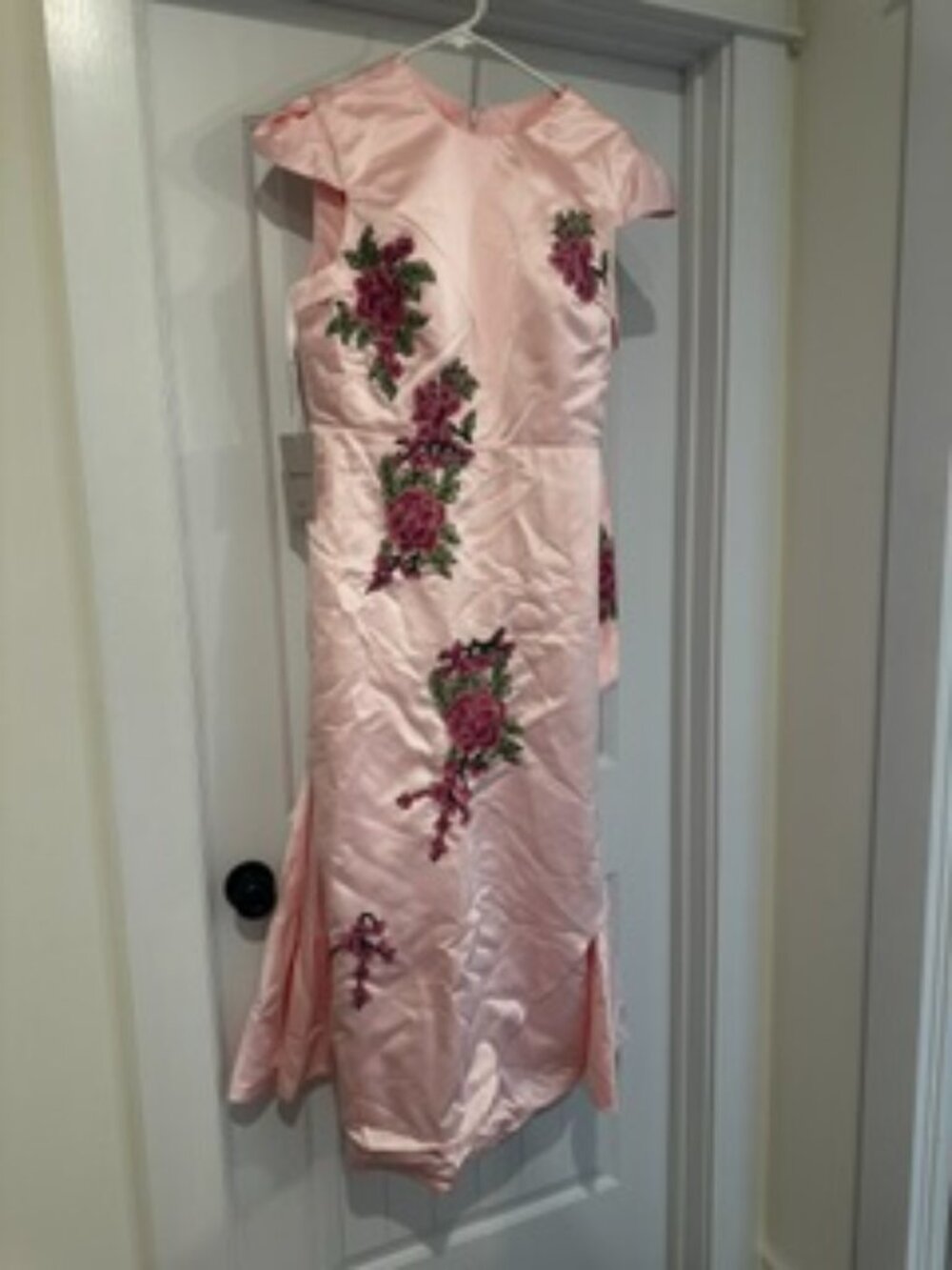 Pink Floral Embroidered Cap Sleeve Slit Sheath Maxi Dress